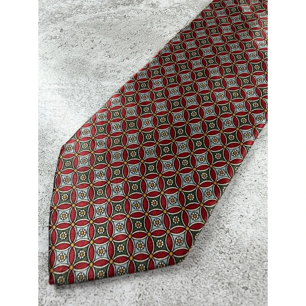 Lands' End Tie Mens OS Red 100% Silk Pointed Geometric Jacquard Medallion USA
